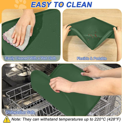 Silicone Pet Feeding Mat with Raised Edge for Food and Water, Dog Bowl Mats, Cat Bowls Placemat with High Lip for Floor Waterproof, Rubber Tray for Cats and Dogs 19 x 12 x0.7 Dark Olive