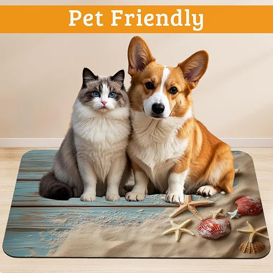 Sand Starfish Dog Cat Food Mat,Wood Board Absorbent Waterproof Placemat for Food and Water Non Slip Rubber Backing Durable Feeding Pad for Clean Floors 16" x 24"