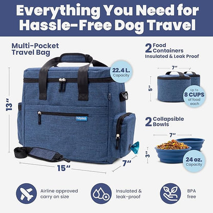 The Original Doggy Bag™ - Complete Dog Travel Bag for Supplies with 2 BPA-Free Travel Dog Bowls & 2 Pet Food Containers - Traveling Kit for Road Trips, Camping, Weekend Away or Doggy Gift: Navy