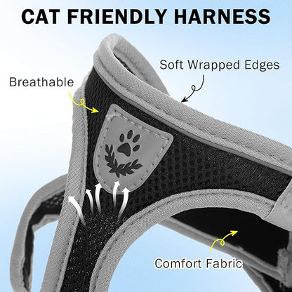 SCENEREAL Cat Harness and Leash Set Escape Proof, Adjustable Soft Air Mesh Kitten Harnesses for Girls Boys Small Medium Big Cats, Reflective Light Travel Pet Walking Vest for Puppy Rabbit, Black L