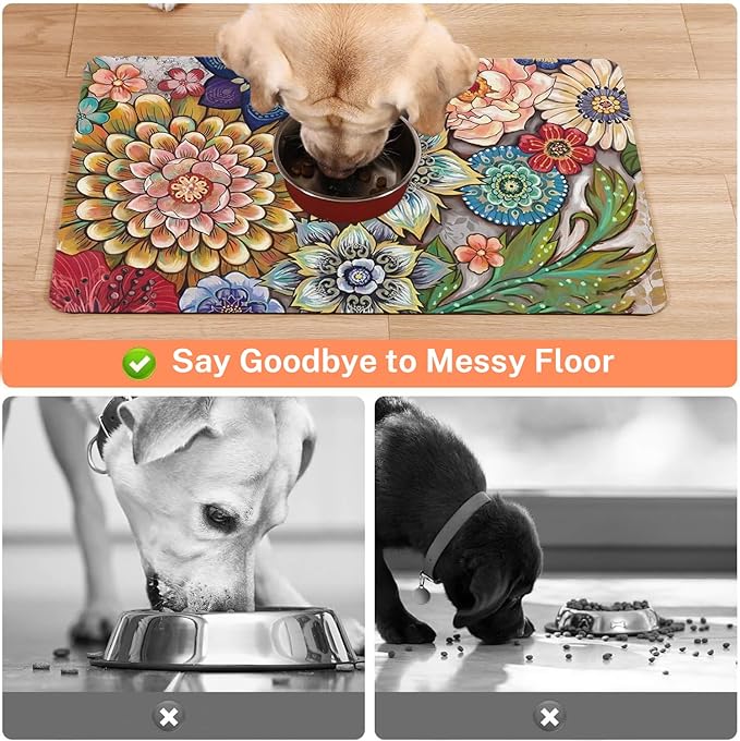 Absorbent Pet Dog Bowl Mat for Food and Water, Pet Cat Food Feeding Mat with Non Slip Rubber Backing, Dog Food Mats for Floors Waterproof, 12"x20"