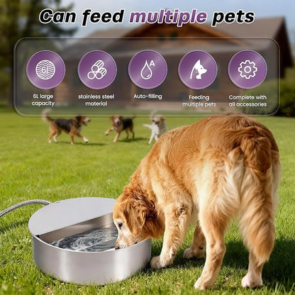 6L Automatic Dog Water Bowl Dispenser Outdoor Stainless Steel Pet Waterer Self Filling Waterer for Large Dog Cat Chicken Duck Goat