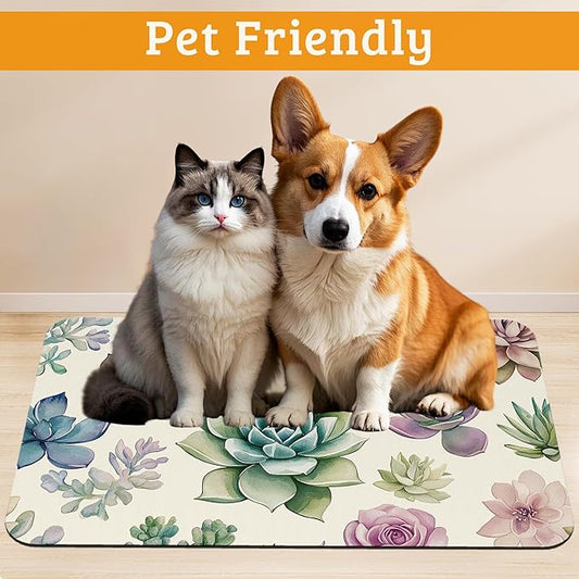 Dog Bowl Mat,Cactus Pet Feeding Mat for Floors Waterproof,Succulents Absorbent Dogs Placemat for Food and Water Quick Dry Pet Cat Feeding Mats with Non Slip Bottom 16" x 24"