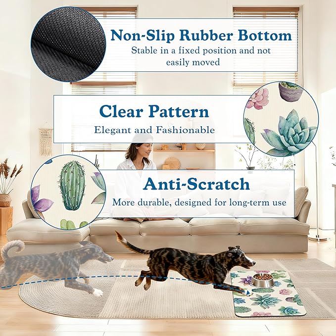 Cactus Flower Pet Feeding Mat for Floors–Christmas Stocking Absorbent Quick Dry Dog Cat Bowl Mat for Food and Water, Non Slip Waterproof Base, Mess-Free Feeding Accessories 12"x20"