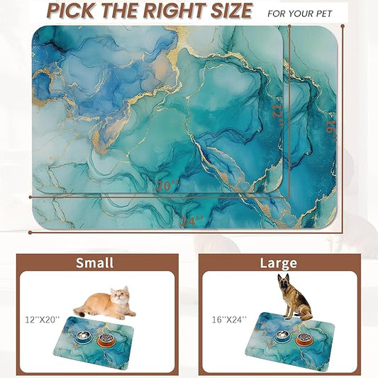 Marble Dog Cat Food Mat,Blue Teal Turquoise Gold Absorbent Pet Feeding Mat with Rubber Backing,Non-Slip Water Bowl Placemat,Indoor Pet Accessories Supplies 16"x24"