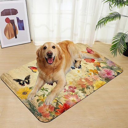 Vintage Butterfly Floral Pet Food Mat for Cats and Dogs–Christmas Stocking Absorbent Quick Dry Feeding Placemat, Non Slip Rubber Base, Waterproof Bowl Mat for Indoor Use, Pet Supplies 12"x20"