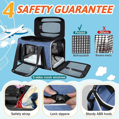 Petskd Top-Expandable Pet Carrier 17x12x8.5 Inches JetBlue Allegiant Spirit Airline Approved, Soft-Sided Carrier for Small Cats and Dogs with Locking Safety Zippers and Anti-Scratch Mesh(Blue)