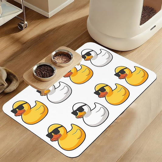 Cute Ducks Glasses Pet Feeding Mat for Floors–Christmas Stocking Absorbent Quick Dry Dog Cat Bowl Mat for Food and Water, Non Slip Waterproof Base, Mess-Free Feeding Accessories 16"x24"
