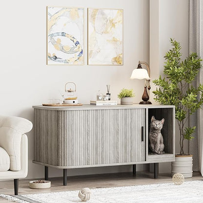 Cat Litter Box Enclosure with Cat Scratch Pad, Sliding Door, 37.4" Litter Box Enclosure Furniture Hidden Litter Box, Modern Indoor Cat House, TV Stand, Side End Table for Living Room, Grey