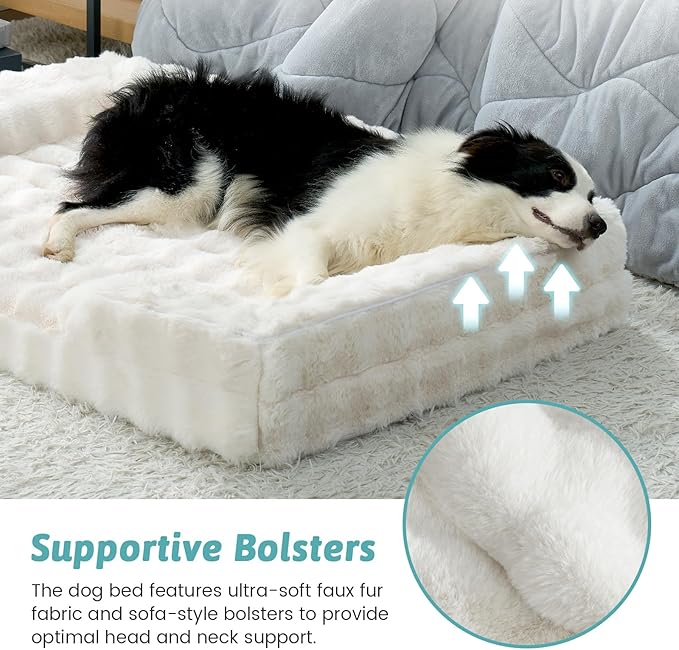 Orthopedic Dog Bed for Extra Large Dog, Soft and Warm Faux Fur Sofa for Giant Pet Up to 150 lbs, Foam Bolster Anti-Slip Couch with Washable Removable Cover, XXL 48x35x8 inch, Beige