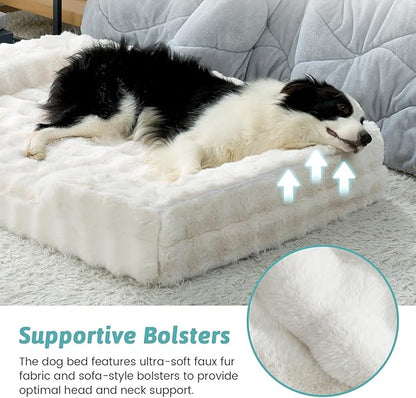 Orthopedic Dog Bed for Extra Large Dog, Soft and Warm Faux Fur Sofa for Giant Pet Up to 150 lbs, Foam Bolster Anti-Slip Couch with Washable Removable Cover, XXL 48x35x8 inch, Beige