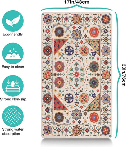 Moroccan Trellis Dog Food & Water Mat, Boho Colorful Vintage Pet Feeding Mat for Floor Non-Slip Waterproof, Super Absorbent Cat Bowl Mat, Easy to Clean Durable Pet Placemat,17" × 30"