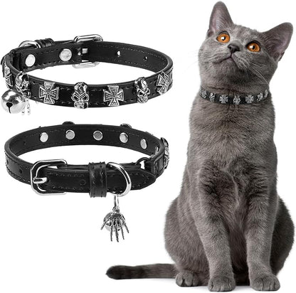 EXPAWLORER Cat Collar for Girl Boy Cats - Adjustable Leather Pet Collar with Safety Elastic Belt,Personalized Punk Accessories Buckle Collars with Bell & Durable D-Ring, Skull(Black)