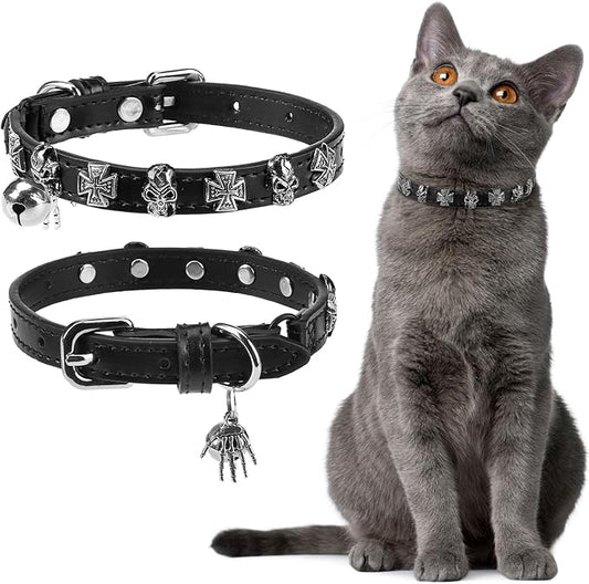 EXPAWLORER Cat Collar for Girl Boy Cats - Adjustable Leather Pet Collar with Safety Elastic Belt,Personalized Punk Accessories Buckle Collars with Bell & Durable D-Ring, Skull(Black)