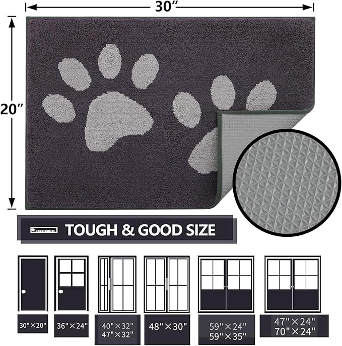 Buganda Dog Door Mat for Muddy Paws, Absorbent Dirt Trapper Washable Indoor Doormats, Non Slip Low-Profile Mud Mat for Dogs, Front Entrance Doormat for Inside Floor (70x24 Inches, Dark Grey)