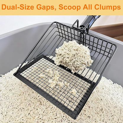 Cat Litter Scoop with Extendable Long Handle, 22.2"-42.5" No Bending Back Metal Kitty Litter Scoop, Large Non-Stick Wide Flat Head Heavy Duty Cat Pooper Scooper