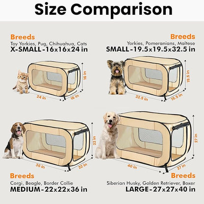 Beatrice Home Fashions Portable, Collapsible, Pop Up Kennel Travel Cat and Dog Crate, 40" L x 27" W x 27" H, Beige