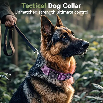 2025 Upgrade Waterproof AirTag Dog Collar, Military Tactical Dog Collar with AirTag Holder, Comfortable Control Handle and Metal Buckle, GPS Dog Collar Holder for Medium to Large Dogs (Purple, XL)