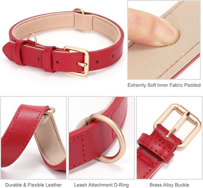 WHIPPY Leather Dog Collar for Small Medium Large Dog Adjustable Soft Breathable Leather Padded Puppy Collar with Alloy Buckle Heavy Duty Waterproof Classic Dog Pet Collar,red,XS