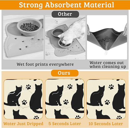 Pet Feeding Mat,Cat Silhouette Absorbent Dog Cat Food Mat Dog Mat with Rubber Backing,Non-Slip Water Bowl Placemat,Pet Supplies 16" x 24"