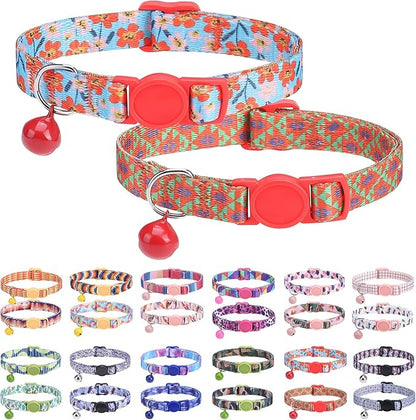 Breakaway Cat Collars for Girl Boy Cats, Fall Winter All Weather Cat Collar Personalized Pattern 2 Pack,Cute Classic Safety Buckles and Bells,Adjustable Printed Nylon Colorful Red