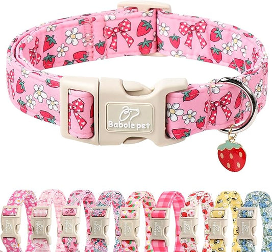 Strawberry Bow Dog Collar for Small Dogs - Cute Pink Spring/Summer Girl Dog Collars, Lightweight Adjustable Female Girly Dogs Collars with Quick Release Buckle S