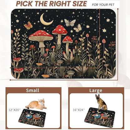 Red Mushrooms Pet Feeding Mat,Wildflower Plant Butterfly Absorbent Quick-Dry Cat Dog Food and Water Bowl Mats,Non-Slip Rubber Backing Mat,Cat Dog Accessories Supplies 12"x20"