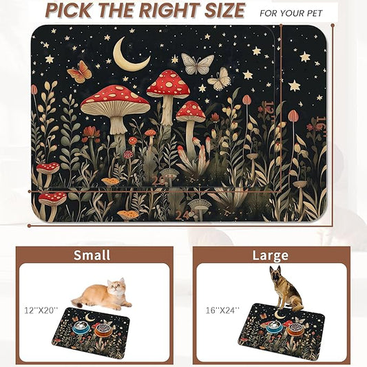 Red Mushrooms Pet Feeding Mat,Wildflower Plant Butterfly Absorbent Quick-Dry Cat Dog Food and Water Bowl Mats,Non-Slip Rubber Backing Mat,Cat Dog Accessories Supplies 12"x20"