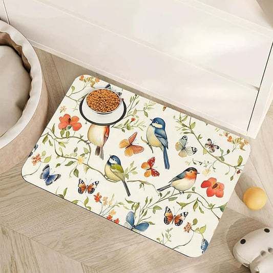 Butterfly Bird Dog Food Mat for Floors,Vintage Nature Absorbent Pet Food and Water Bowl Mats,Non-Slip Pet Feeding Mat,Pet Supplies 12" x 20"