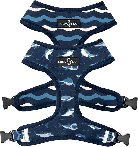 Lucy & Co. Reversible Dog Harness Walking Halter - Harnesses for Small Medium Large XL Dogs - Padded Adjustable - for German Shepherd, Pug, French Bulldog, English Bulldog (X-Small, Shark Attack)