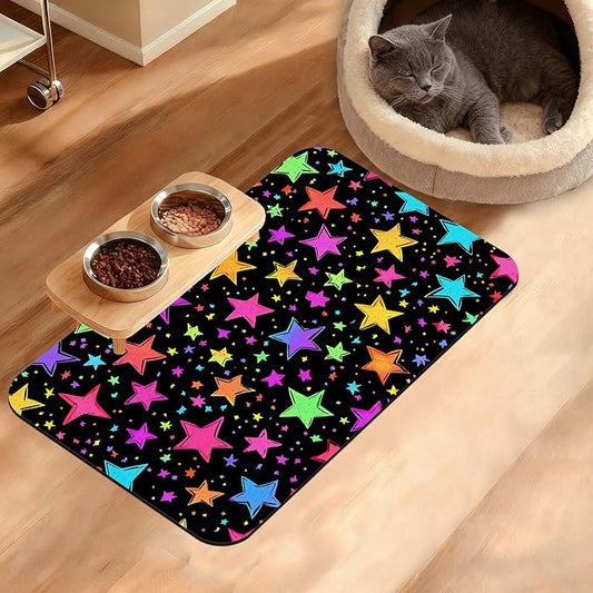 Neon Stars Dog Food Mat,Bright Colorful Absorbent Pet Feeding Mat for Food and Water Bowl,Quick Dry Dog Placemat Non Slip Rubber Backing Waterproof Pet Supplies 12" x 20"