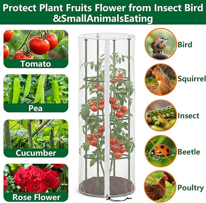 4 Pcs Garden Bird Netting for Round Plant Cage, 59" x 18" Tomato Cage Garden Net Cover with Zipper, Tomato Trellis Insect Bird Barrier Protection Mesh for Vertical Climbing Plants Vegetables Fruits