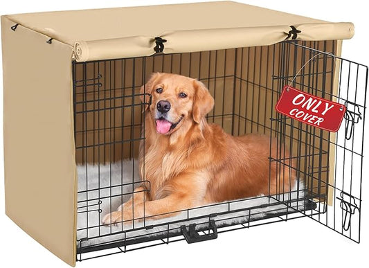 Dog Crate Cover - Double Door Waterproof Pet Kennel Cover, Durable 600D Polyester Protective Cage Cover for 24/30/36/42/48 Inch Dog Crate - Beige
