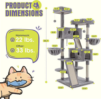 WEEWAY Cat Tree Tower for Indoor Cats,65'' Multi-Level Cat Furniture Activity Center,Stand House Condo Cave,Sisal Scratching Posts Ramps,Plush Perches Platforms Basket Hammock,Grey