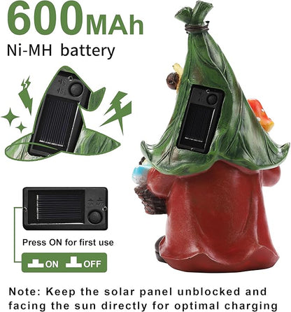 Mushroom-Picking Gnome Solar Garden Statue with 3 LED Lights, Set with 1 Gnome and 2 Small Mushroom, Lovely Garden Gnome Set for Patio, Yard, Lawn Ornament, Outdoor Christmas Decor