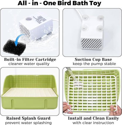 Automatic Parakeet Bird Bath with Pump, Large Bird Shower Fountain Indoor Bathtub with Running Water, Parrot Bath Tub Faucet for Pet Birds, African Grey, Cockatiel, Conure, Budgie, Lovebird