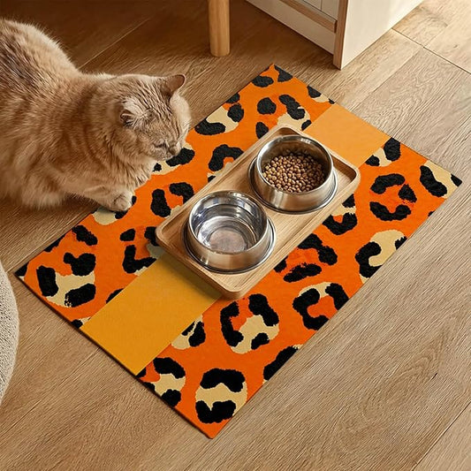 Puppy Feeding Mat 24x16 inch Orange Leopard Print Pet Bowl Placemat Non Slip Floor Mat for Food and Water Indoor Dog Feeding Station Cute Meal Pad for Small Pets Kitchen Use