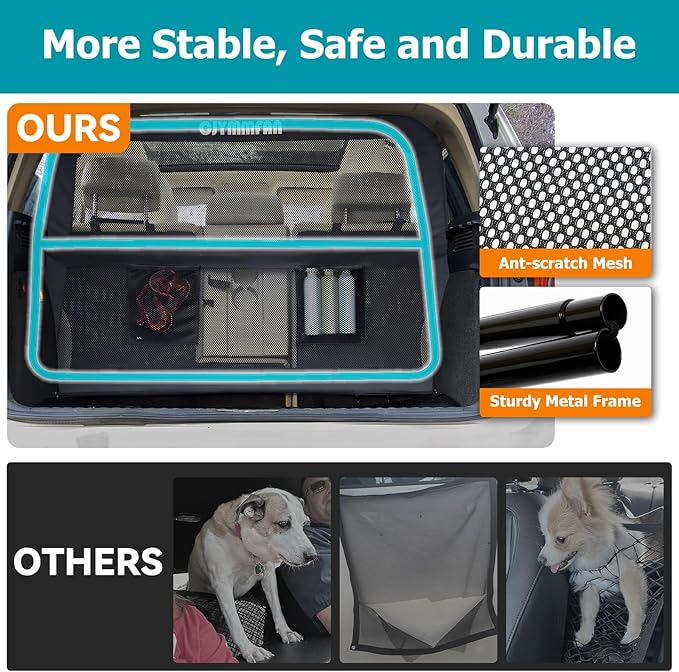 Dog Barrier for Car Back Seat & Cargo Area with Wider Coverage, Universal Fit for Car, SUV & Truck, Dog Car Divider with Chew-Proof Transparent Net and Sturdy Metal Frame for Backseat & Trunk