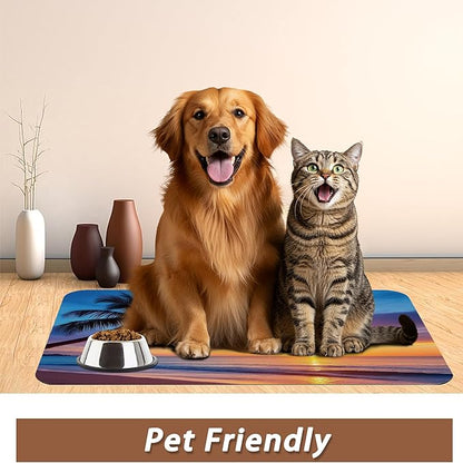 Tropical Palm Pet Feeding Mat,Sunset Trees Sea Beach Absorbent Quick-Dry Cat Dog Food and Water Bowl Mats, Non-Slip Rubber Backing Mat, Cat Dog Accessories Supplies 16"x24"