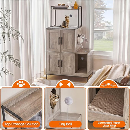 HOOBRO Cat Litter Box Enclosure Furniture, 2 in 1 Hidden Litter Box Furniture with Shelf, Double Litter Box Cabinet with 2 Dangling Plush Balls and 1 Toy Ball, Greige and Black BG78MW01