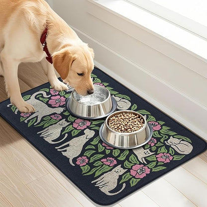SHIYUE Dog Food Mats for Floors, Absorbent Cat Bowl for Food and Water, Non-Slip Accessories Pet Supplies(12"x20",Black Animal Flower)