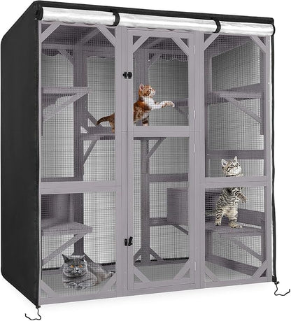 Kingling Outdoor Cat House Cover for Winter, Waterproof and Dustproof Protection Cover for Large Cat Cage Condo Black - 63" L x 32" W x 71" H inch(Cover Only)