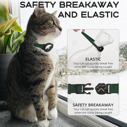 AirTag Cat Collars, Stretchy Collar with Apple AirTag Holder and Bell, Breakaway Ultra Design Elastic GPS Tracking Collars for Cats and Puppies, (7.5-12.5 Inch), Forest Green