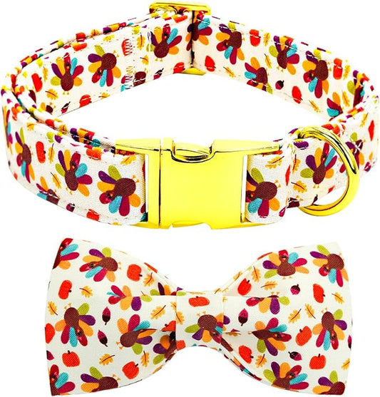 Thanksgiving Dog Collar, Turkey Dogs Collars Bow Tie Pet Collar Adjustable Pet Collars Premium Metal Buckle Autumn Leaf Necklace for Medium Dogs