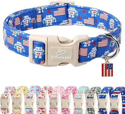 4th of July Dog Collar, Robot Star-Spangled Patriotic Dog Collars for Large Dogs, Adjustable Lightweight Quick-Release Buckle Collar for Boy&Girl Dogs L