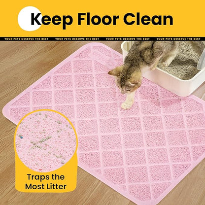 Cat Litter Mat Litter Trapping Mat, 35" x 23" Premium Durable PVC Grid Mesh with Scatter Control, Non-slip, Less Waste Cat Litter Box Mat, Pink