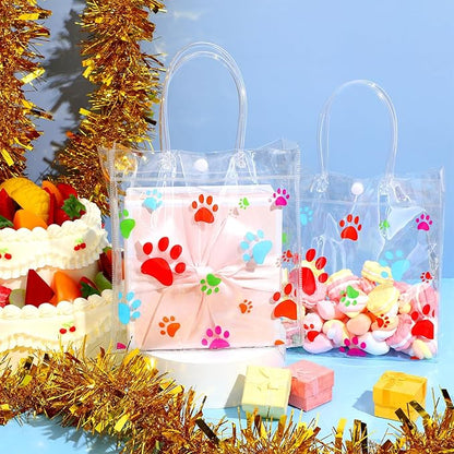 Teling 20 Packs Dog Paw Clear PVC Gift Bags with Handle Reusable Plastic Wrap Tote Bags Transparent for Puppy Pet Treat Party Favor Birthday Wedding Party, 8 x 8 x 3.15 Inch(Colorful)