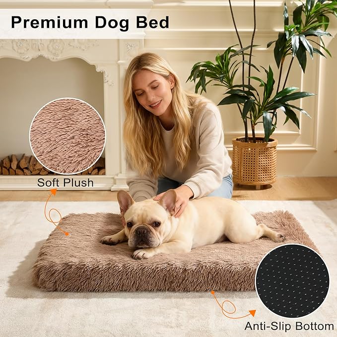 Fluffy Orthopedic Dog Beds for Small Dogs with Washable Removable Cover Dog Crate Bed Egg Crate Foam Support Plush Pet Pad Mat with Anti-Slip Bottom (30 * 20,Khaki)
