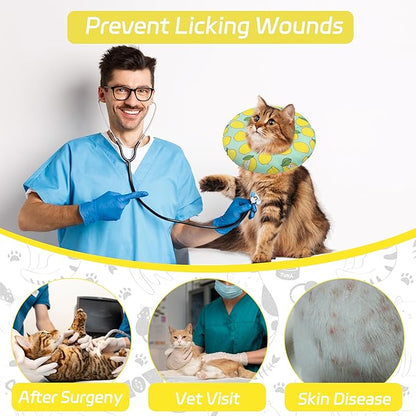Cat Cone Collar Soft, Adjustable Cat Recovery Collars to Prevent Licking, Cute Donut E Collar After Surgery, Wound Healing Elizabethan Collar for Kittens(Green Lemon, Large)