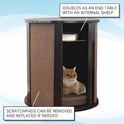 The Refined Feline Purrrrfect End Table Cat Bed Cave in Black Espresso, Multipurpose Wood Cat Furniture Nightstand, Easy to Clean Covered Cat Bed with Replaceable Scratching Post & Washable Cushion